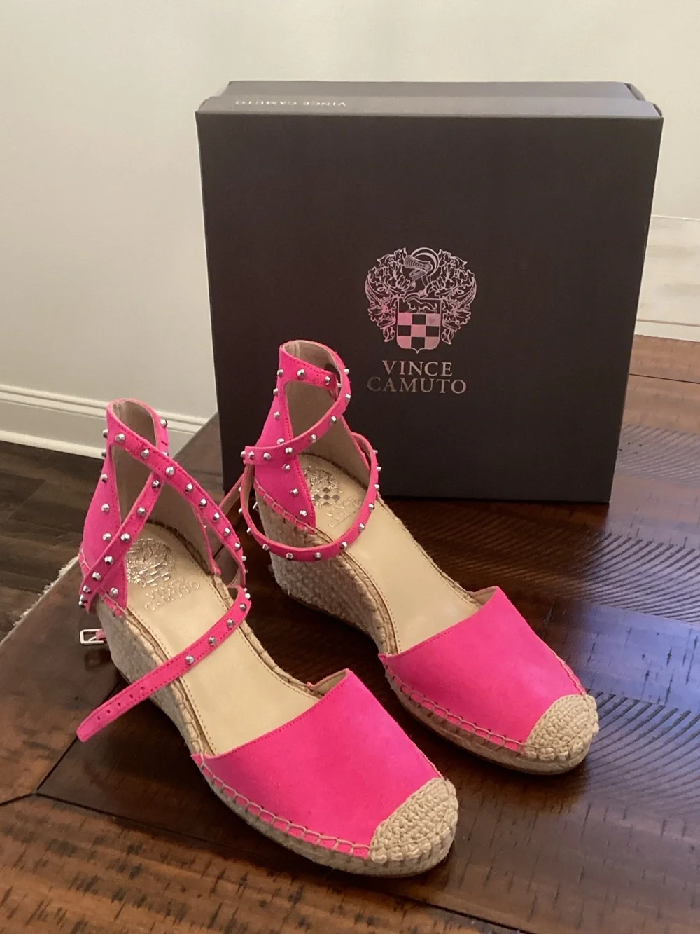 Vince Camuto Hot Pink Studded Ankle-Wrap Espadrille Wedges